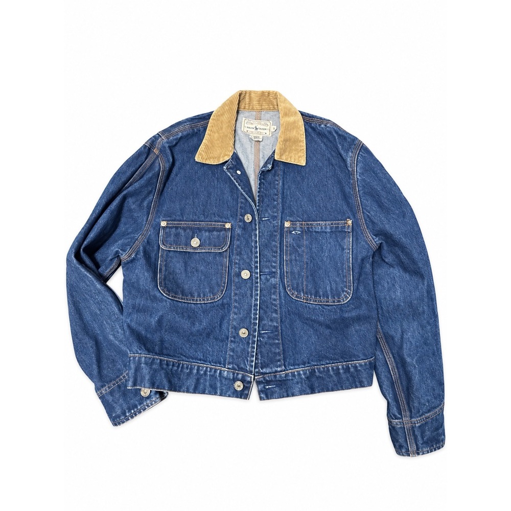 VTG Ralph Lauren Authentic Dungarees Denim Trucker Jacket Corduroy Collar Blue S